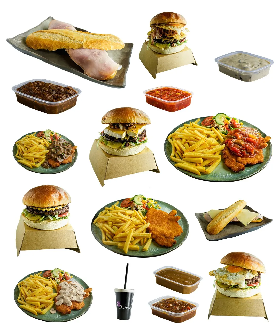Flatlay van burgers, friet en gerechten voor de menukaart van Bakhuus